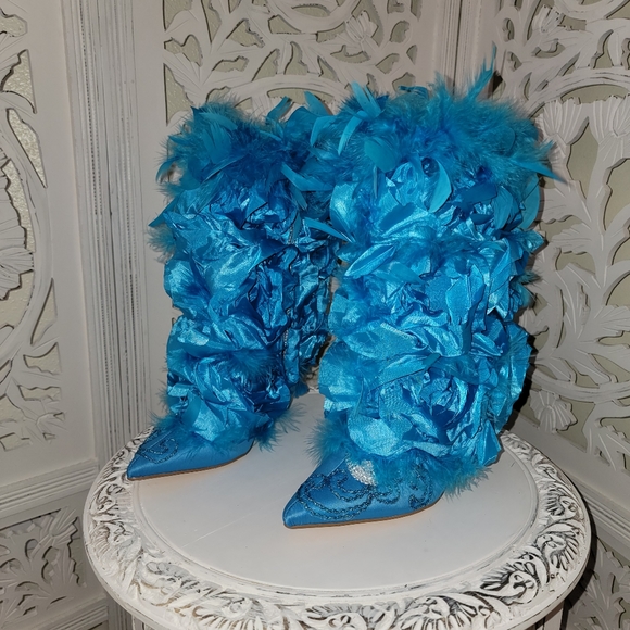 "GAIA" Turquoise Rosette Feather Crystal Ankle Boots - Picture 7 of 8